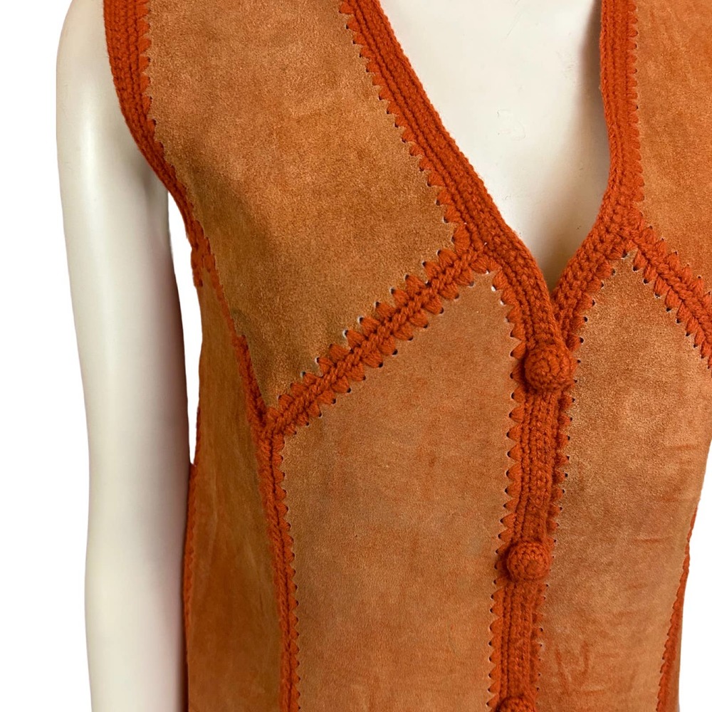 1970s Rust Orange Suede Patchwork Ribbed Knit Swe… - image 2